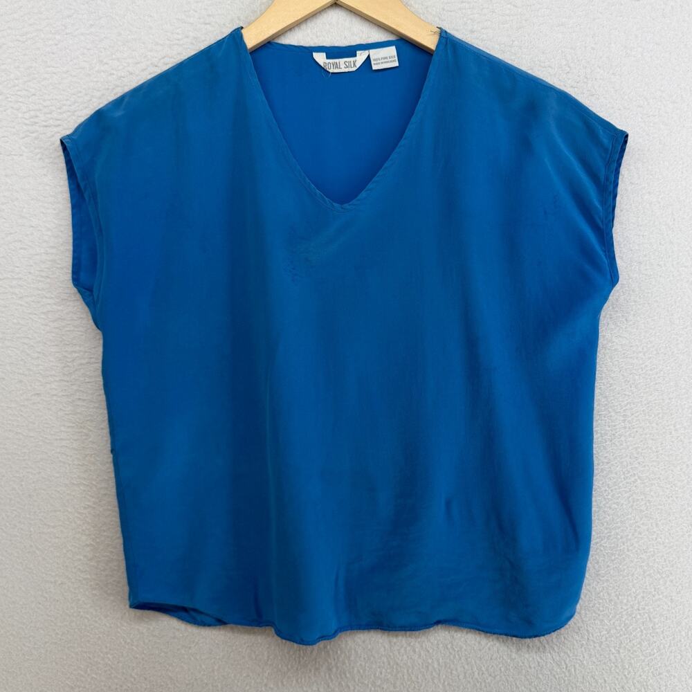 ROYAL SILK Top Womens M Silk Crepe de Chine Boxy V-Neck Cap Sleeve Blue HK VTG